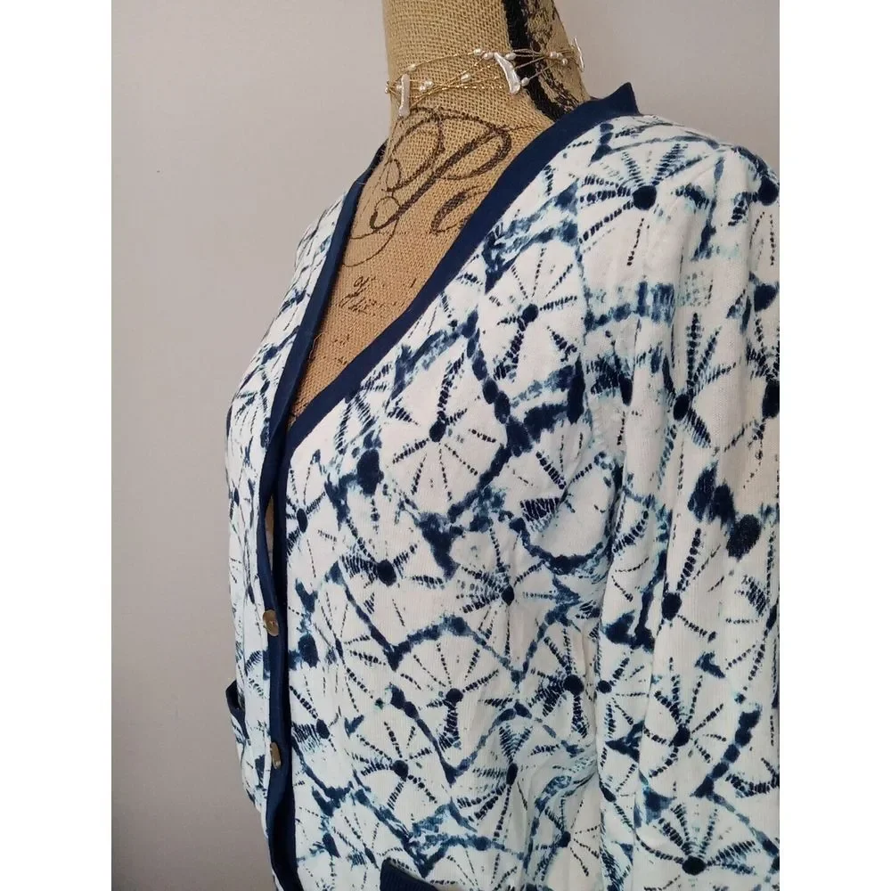 Thakoon Women Blue Pattern  Dye Diamond Button Down‎ Longsleeve Sweater Size L